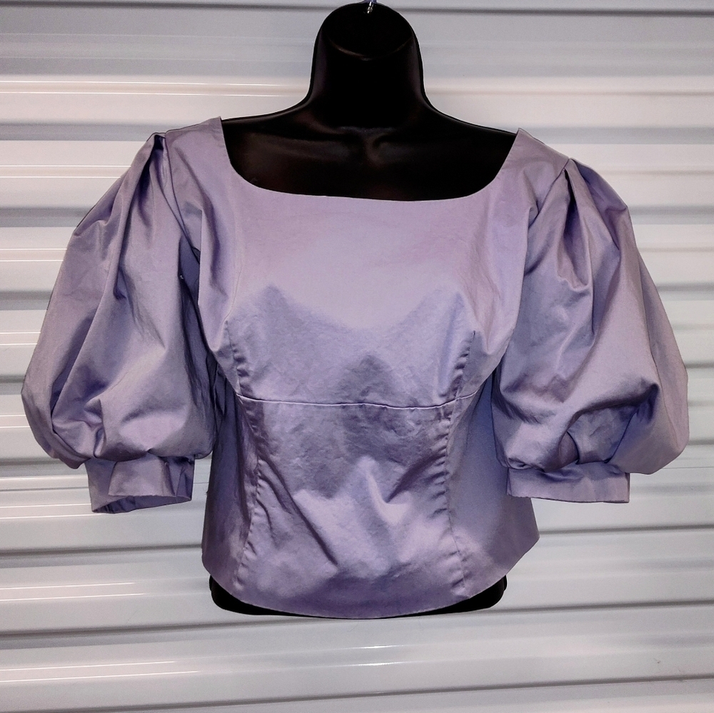 Antonio Melani Celia Lilac Square Neck Short Puff Sleeve Top w/Button Sleeves